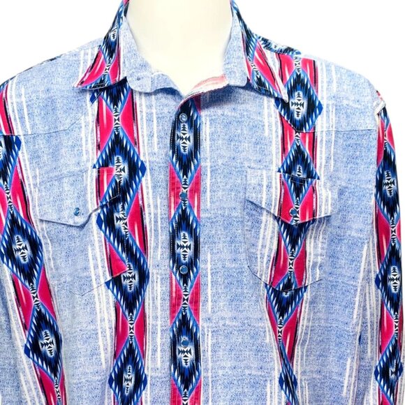 Wrangler Mens Western Pearl Snap Shirt Blue Pink Southwestern Print Size XXL - Picture 4 of 13